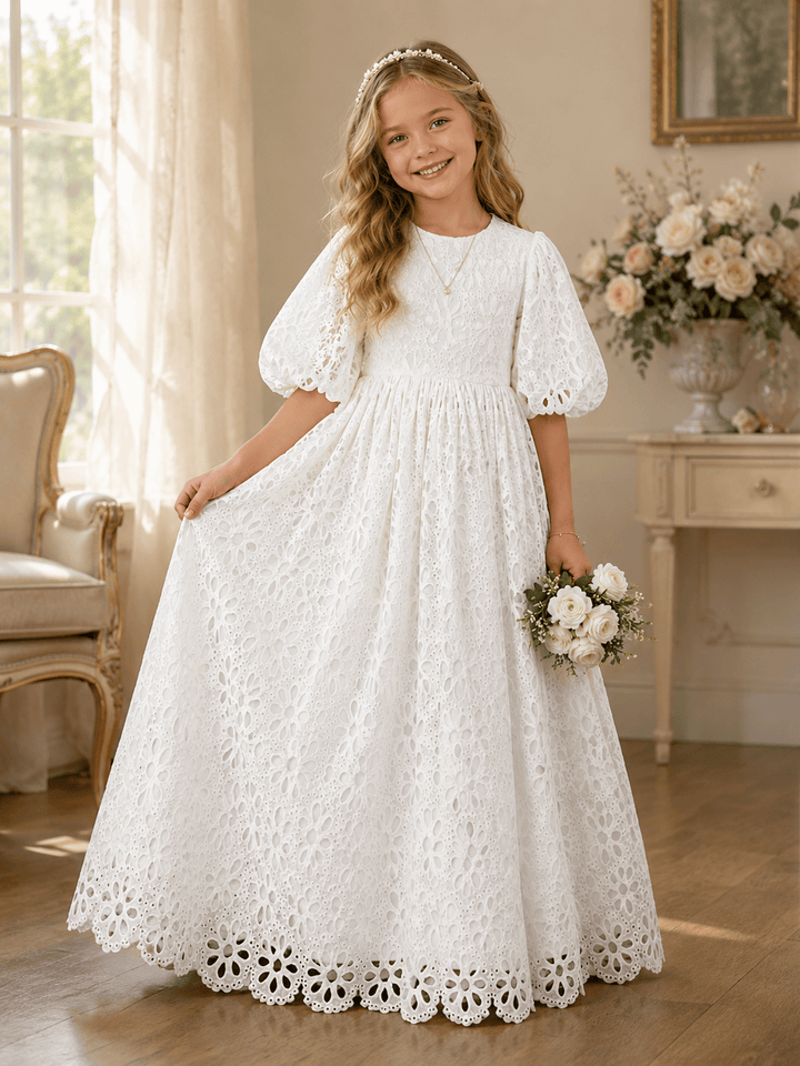 All White / 3m Sunnypetal High Waist Toddler Party Dresses Pretty Puff Sleeve Princess  Lace Flower Girl Dresses