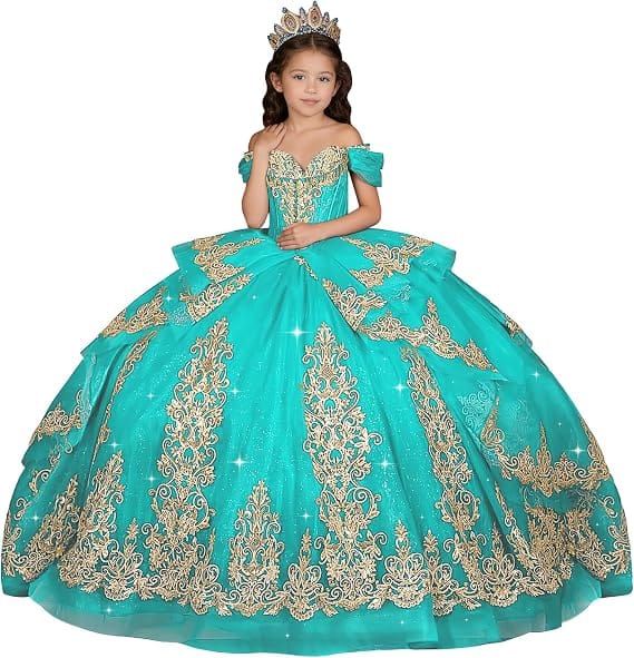 Aqua / 18m Sunnypetal Elegant Gold Appliqué Off-Shoulder Flower Girl Dress with Tassel Details
