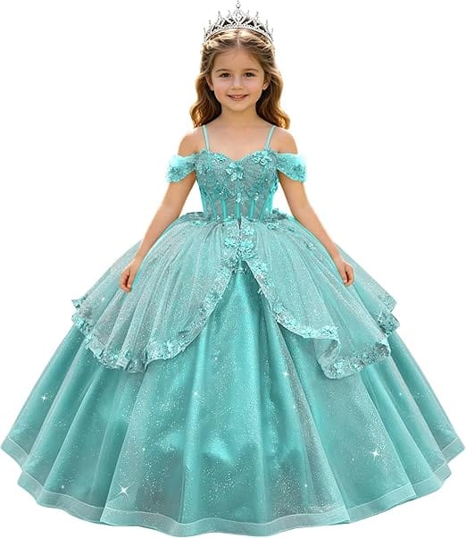 Aqua / 18m SunnyPetal Enchanted Sage Green Off-Shoulder Lace Appliqué Tulle Flower Girl Gown