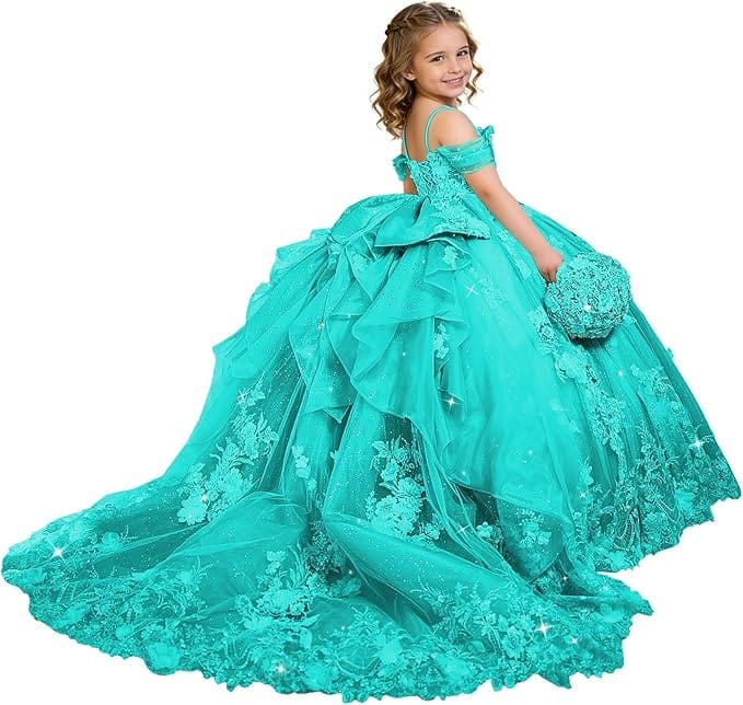 Aqua / 18m Sunnypetal Exquisite 3D Floral Lace Applique Ruffle Tulle Flower Girl Ball Gown with Bow