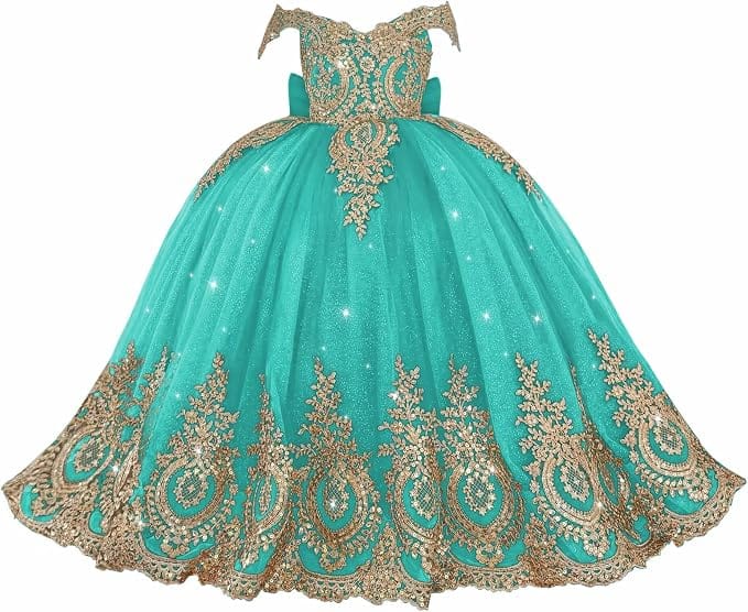 Aqua / 18m Sunnypetal Exquisite Gold Appliqué Off-Shoulder Princess Flower Girl Dress with Bow