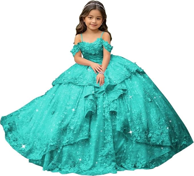 Aqua / 18m Sunnypetal Exquisite Off-Shoulder 3D Floral Appliqué Pageant Flower Girl Gown