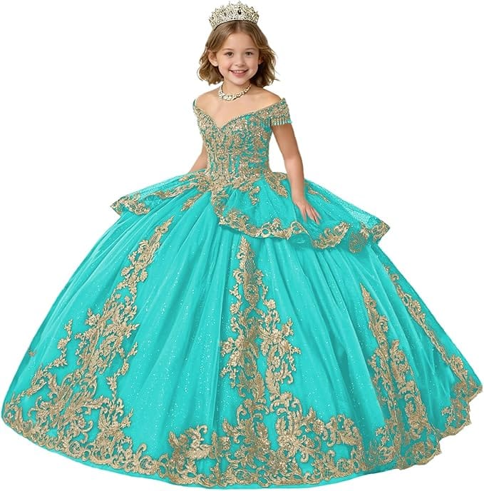 Aqua / 18m Sunnypetal Gold Applique Off Shoulder Flower Girl Dress with Tassels Crystal &amp; Bow