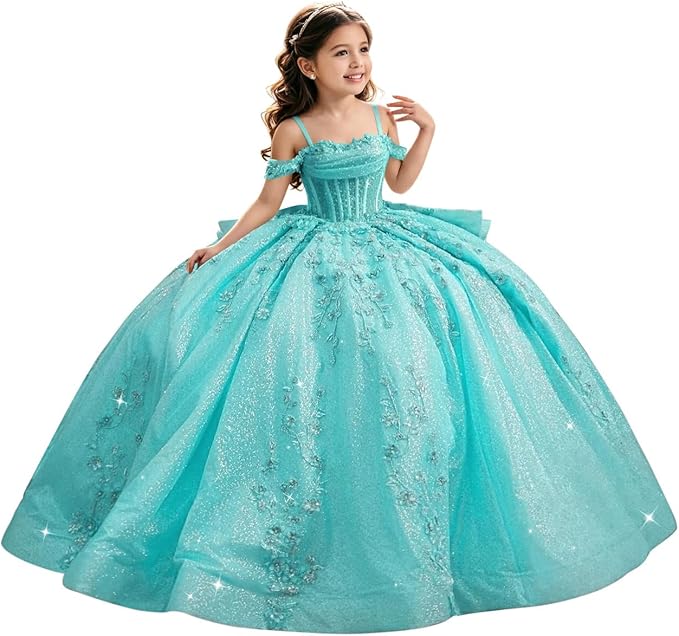 Aqua / 18m Sunnypetal Luxury Glitter Tulle Off-Shoulder Ball Gown Flower Girl Dress with Train