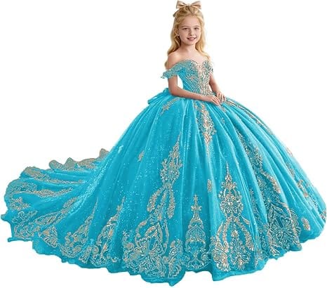 Aqua / 18m Sunnypetal Luxury Gold Appliqué Glitter Tulle Flower Girl Gown with Oversized Bow