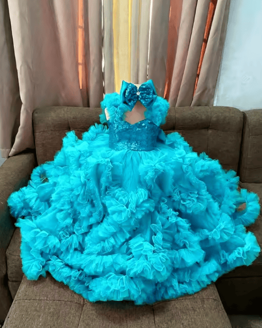 Aqua / 18m Sunnypetal Luxury Hot Pink Ruffle Tulle Flower Girl Ball Gown with Sequin Bow
