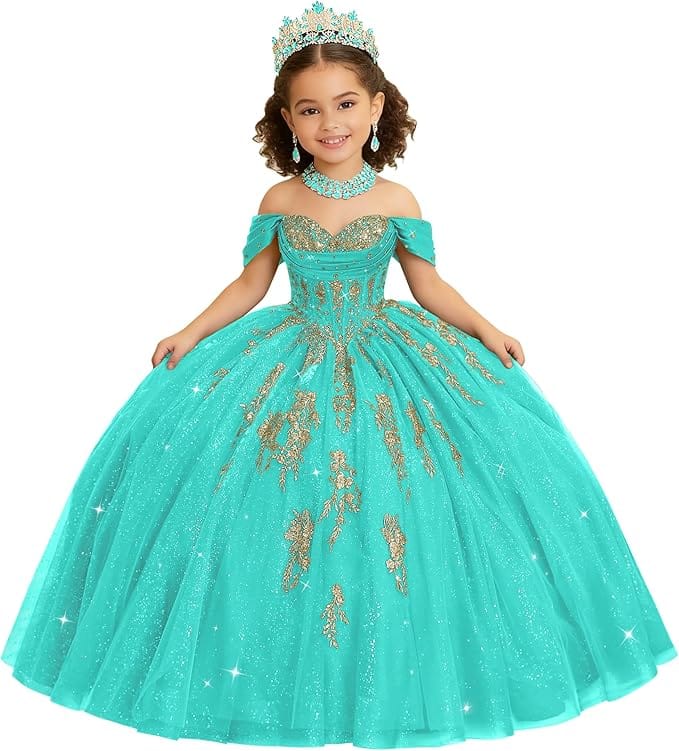 Aqua / 18m Sunnypetal Luxury Off-Shoulder Gold Lace Applique Princess Flower Girl Ball Gown Dress