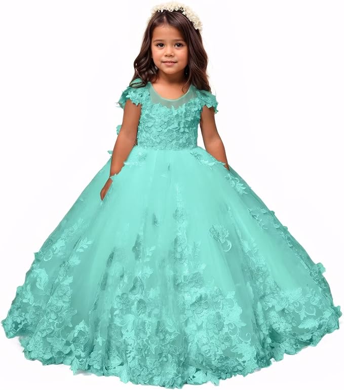 Aqua / 18m Sunnypetal Romantic Blush Floral Lace Tulle Flower Girl Ball Gown