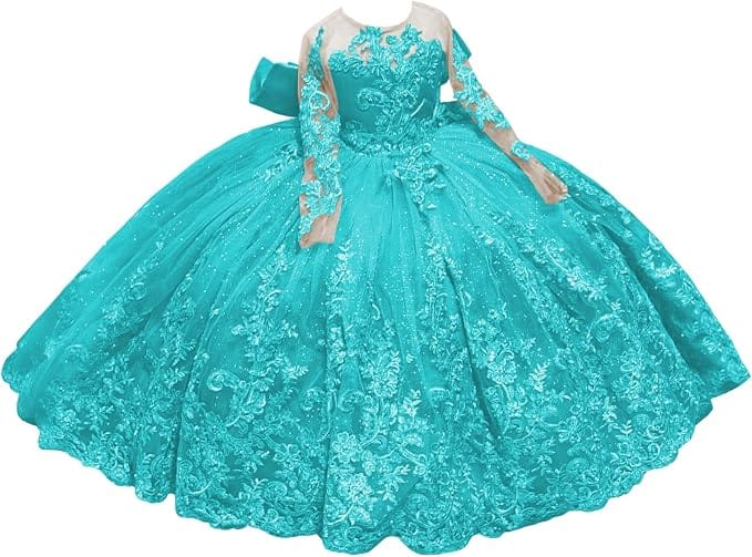 Aqua / 18m Sunnypetal Sparkling Long Sleeve Lace Tulle Flower Girl Dress with Glitter Appliqué &amp; Bow