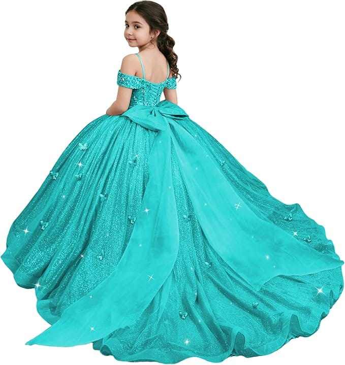 Aqua / 18m Sunnypetal Sparkling Off-Shoulder Glitter Tulle Flower Girl Dress with Oversized Bow