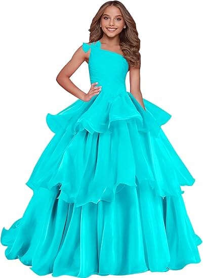 Aqua Blue / 18m Sunnypetal Luxury One-Shoulder Puffy Organza Flower Girl Dress Princess Pageant Gown