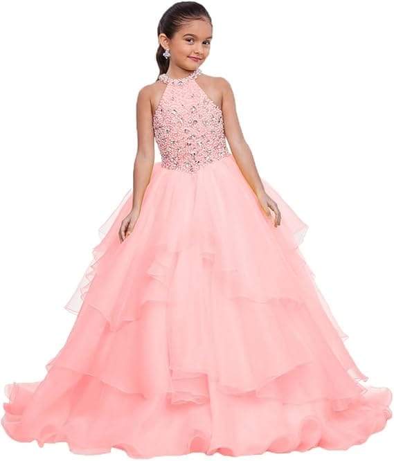 Baby Pink / 18m Sunnypetal Layered Organza Princess Ball Gown Flower Girl Dress for Pageant &amp; Party
