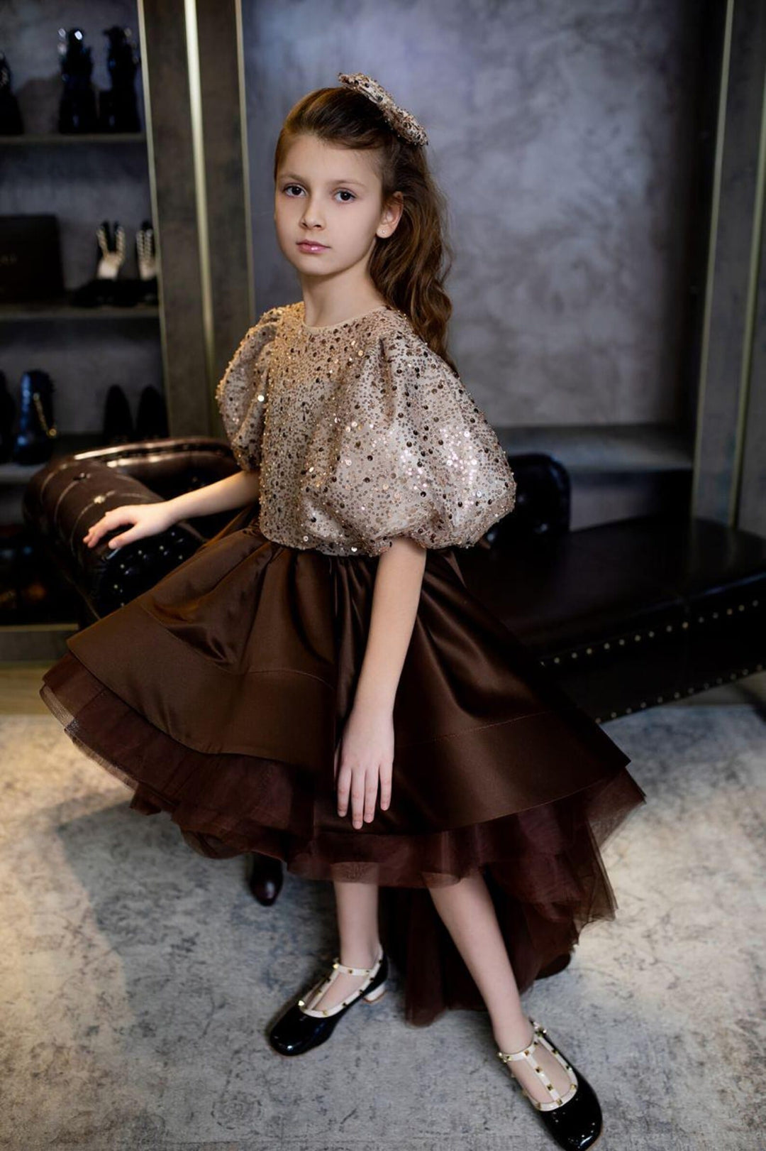 Beige and Brown / 9m SunnyPetal Beige Brown Puff Sleeve Princess Flower Girl Dress with Asymmetrical Hem &amp; Bow