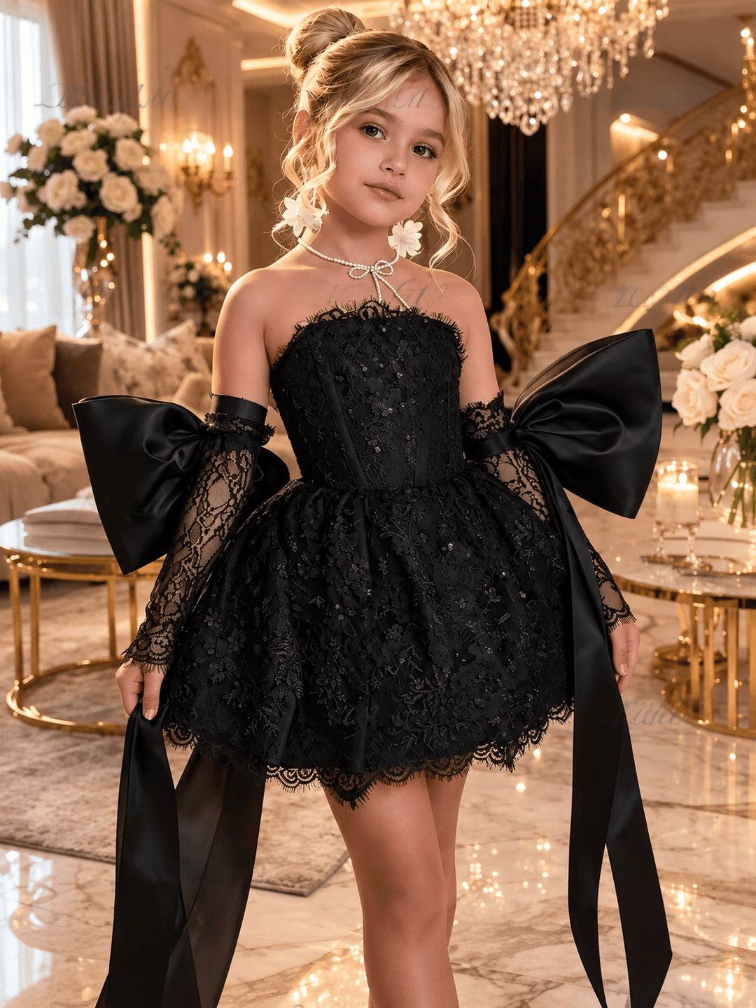 Black / 12m Sunnypetal Dreamy Light Blue Lace Flower Girl Dress with Oversized Bows for Special Occasions
