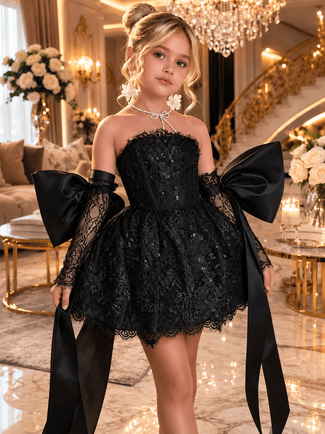 Black / 12m Sunnypetal Dreamy Light Blue Lace Flower Girl Dress with Oversized Bows for Special Occasions