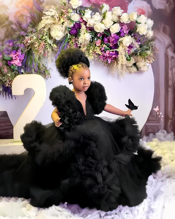 Black / 12m Sunnypetal Lavender Ruffles Tulle Flower Girl Dresses Baby Kids Pageant Gowns