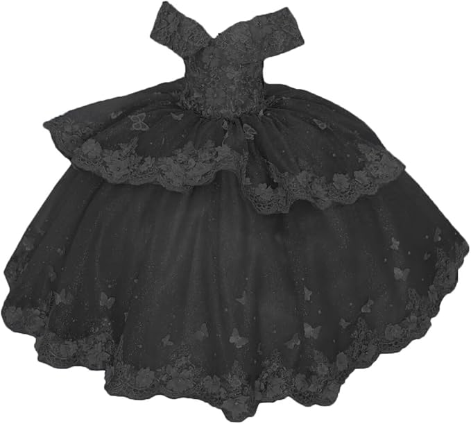 Black / 18m Sunnypeta lEnchanted Blue Sweetheart Tulle Flower Girl Gown with Floral Appliqués