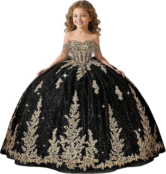 Black / 18m Sunnypetal Black Off-Shoulder Floral Embroidery Flower Girl Ball Gown