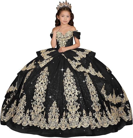 Black / 18m Sunnypetal Elegant Gold Appliqué Off-Shoulder Flower Girl Dress with Tassel Details