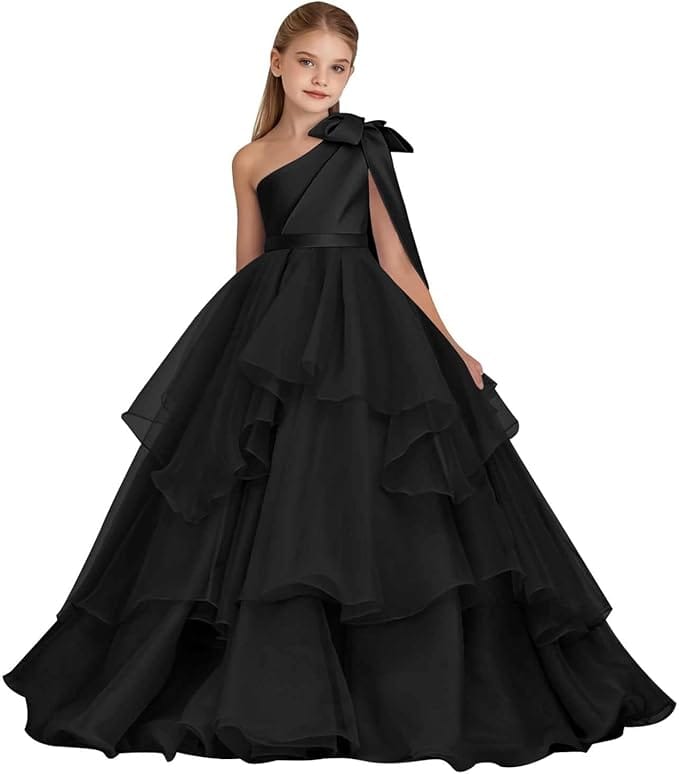 Black / 18m Sunnypetal Elegant One-Shoulder Satin Tulle Flower Girl Pageant Dress for Special Occasions