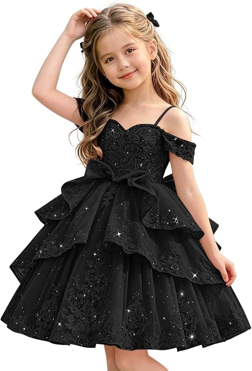 Black / 18m Sunnypetal Elegant Sweetheart Lace Applique Princess Bow Flower Girl Pageant Dress