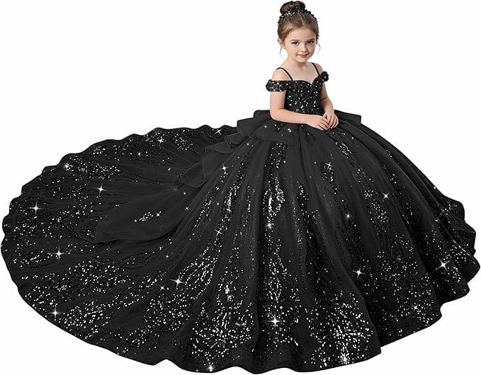 Black / 18m Sunnypetal Enchanted Blue Off-Shoulder Flower Girl Princess Ball Gown with Sparkling Appliqués