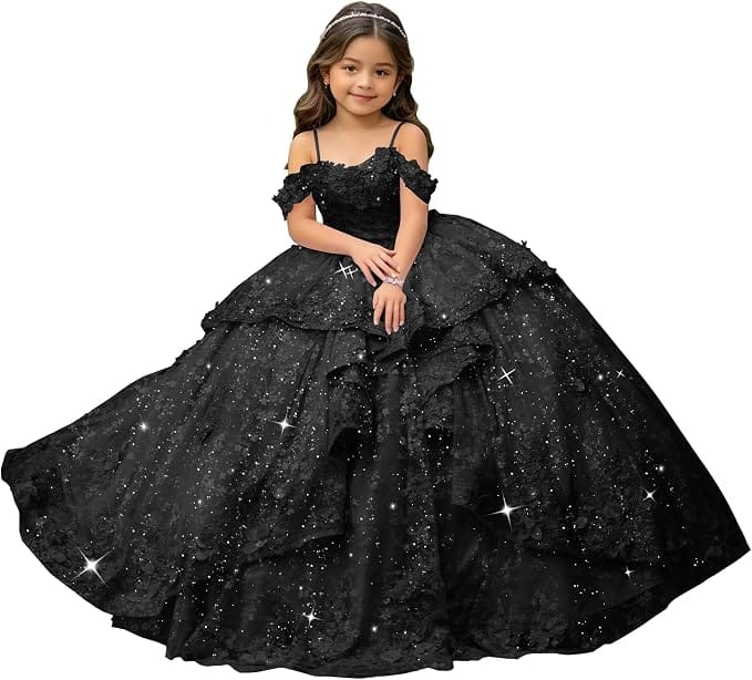 Black / 18m Sunnypetal Exquisite Off-Shoulder 3D Floral Appliqué Pageant Flower Girl Gown