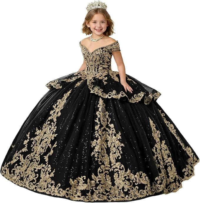 Black / 18m Sunnypetal Gold Applique Off Shoulder Flower Girl Dress with Tassels Crystal &amp; Bow