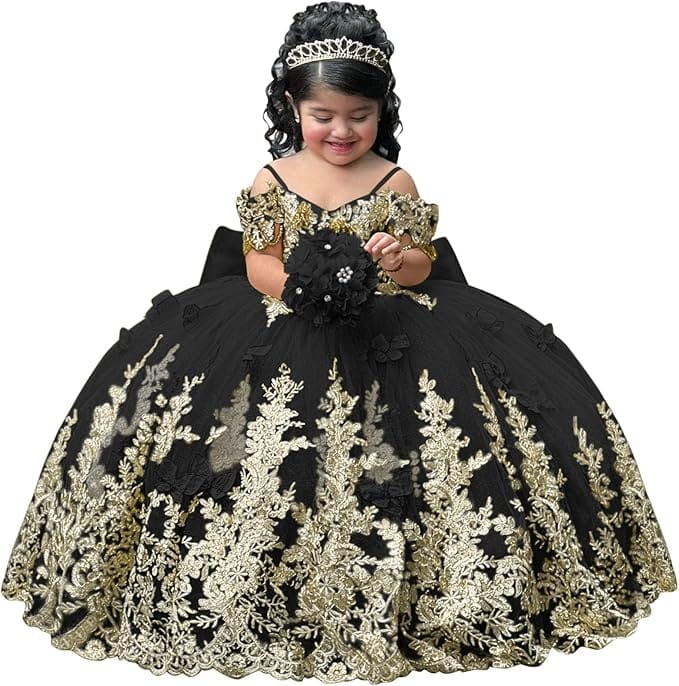 Black / 18m Sunnypetal Gorgeous Gold Appliqués Tulle Flower Girl Ball Gown with Bow and 3D Butterflies