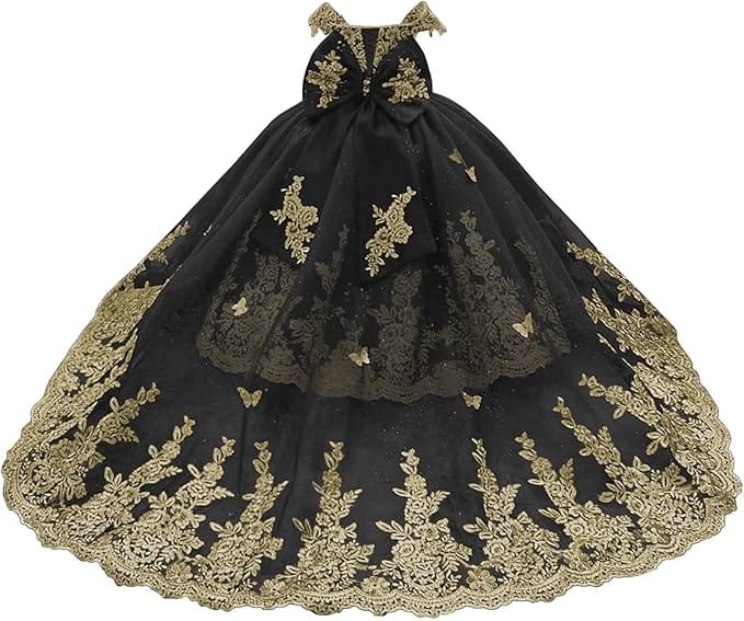 Black / 18m Sunnypetal Gorgeous Off-Shoulder Sweetheart Tulle Flower Girl Dress with Gold Embroidery
