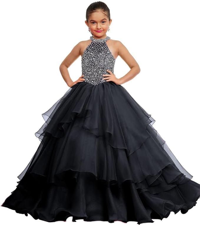 Black / 18m Sunnypetal Layered Organza Princess Ball Gown Flower Girl Dress for Pageant &amp; Party