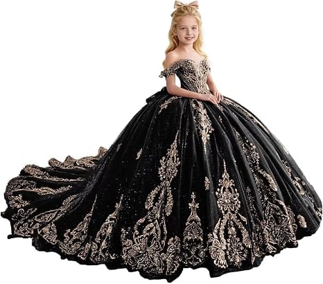 Black / 18m Sunnypetal Luxury Gold Appliqué Glitter Tulle Flower Girl Gown with Oversized Bow