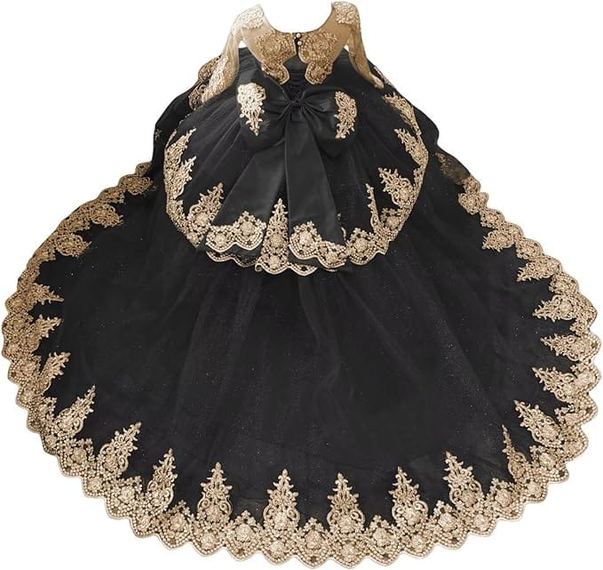 Black / 18m Sunnypetal Luxury Gold Lace Appliqué Tulle Ball Gown Flower Girl Dress with Royal Train