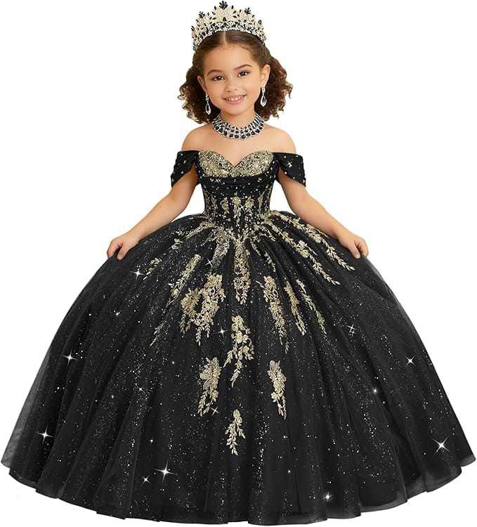 Black / 18m Sunnypetal Luxury Off-Shoulder Gold Lace Applique Princess Flower Girl Ball Gown Dress