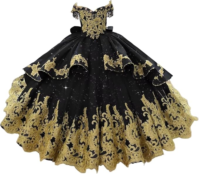 Black / 18m Sunnypetal Luxury Royal Blue Off-Shoulder Ball Gown Flower Girl Dress with Gold Embroidery