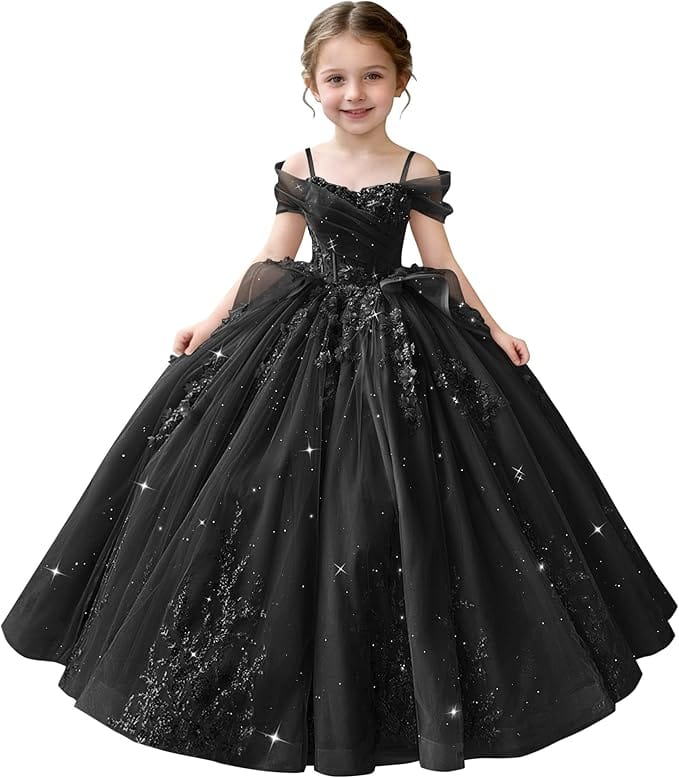 Black / 18m Sunnypetal Off-Shoulderl 3D Lace Appliqué Tiered Ruffle Flower Girl Dress for Pageant