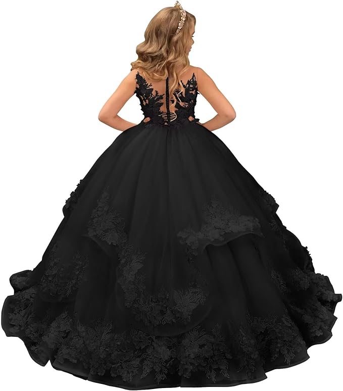 Black / 18m Sunnypetal Pink Lace Appliques Floral Flower Girl Dresses Birthday Party Princess Dresss