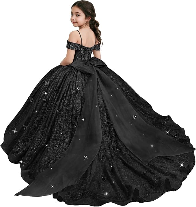 Black / 18m Sunnypetal Sparkling Off-Shoulder Glitter Tulle Flower Girl Dress with Oversized Bow