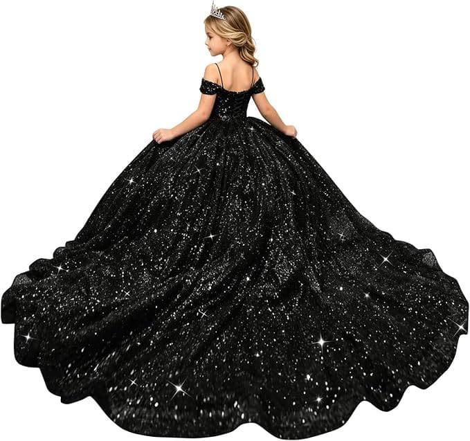 Black / 18m Sunnypetal Sparkly Sequin Off-Shoulder Princess Ball Gown Flower Girl Dress for Pageant