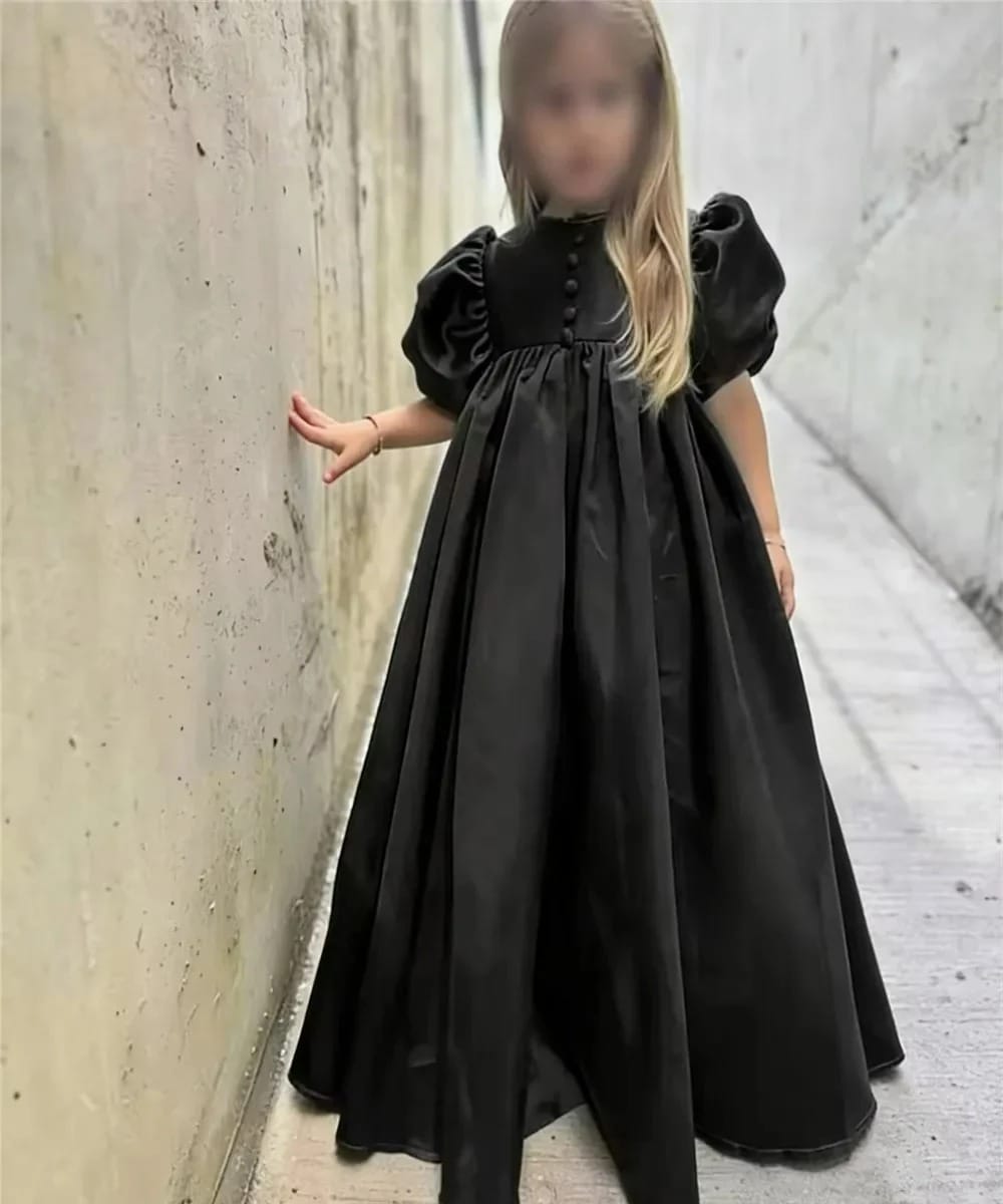 Black / 3m Sunnypetal Elegant Puffy Sleeve Satin Floor-Length Princess Flower Girl Dresses