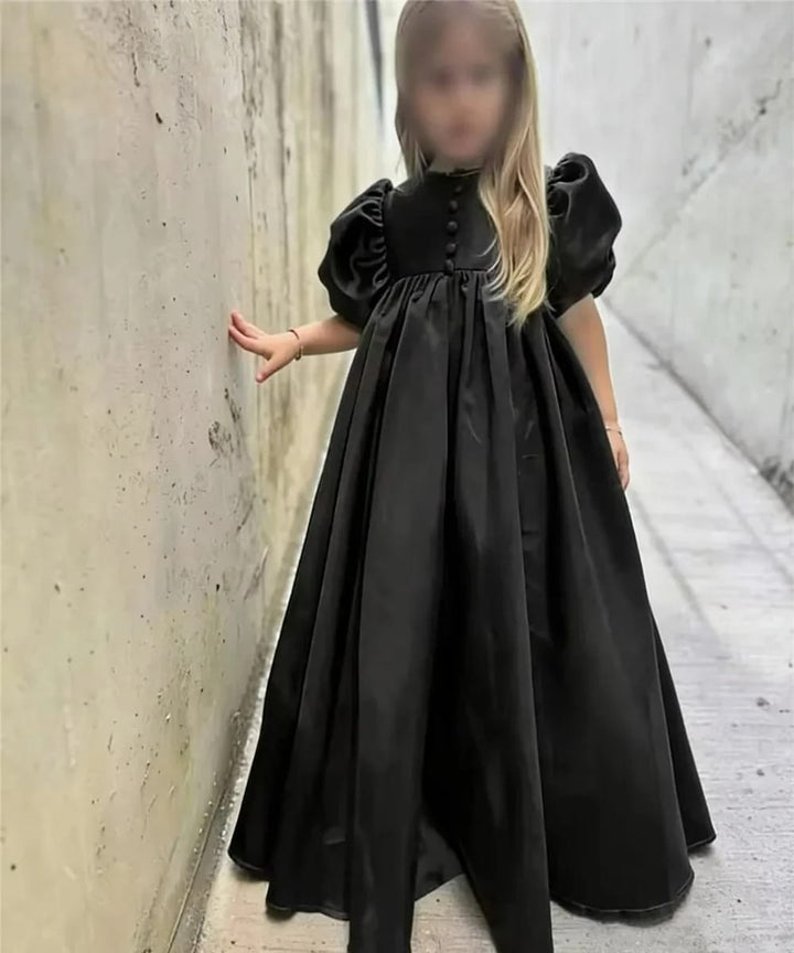 Black / 3m Sunnypetal Elegant Puffy Sleeve Satin Floor-Length Princess Flower Girl Dresses