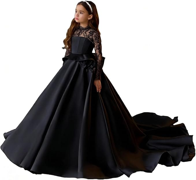 Black / 3m Sunnypetal Long Sleeves Lace Appliques Long Princess Satin Communion Dress with 3D Flowers
