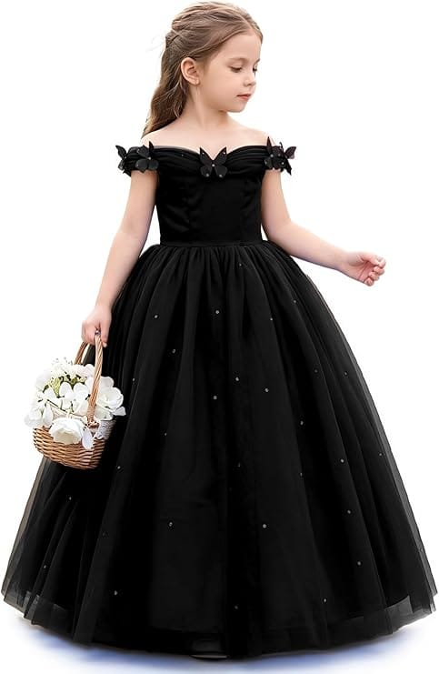 Black / 3m Sunnypetal Off-Shoulder Ankle-Length Tulle Princess Flower Girl Dress with 3D Butterfly