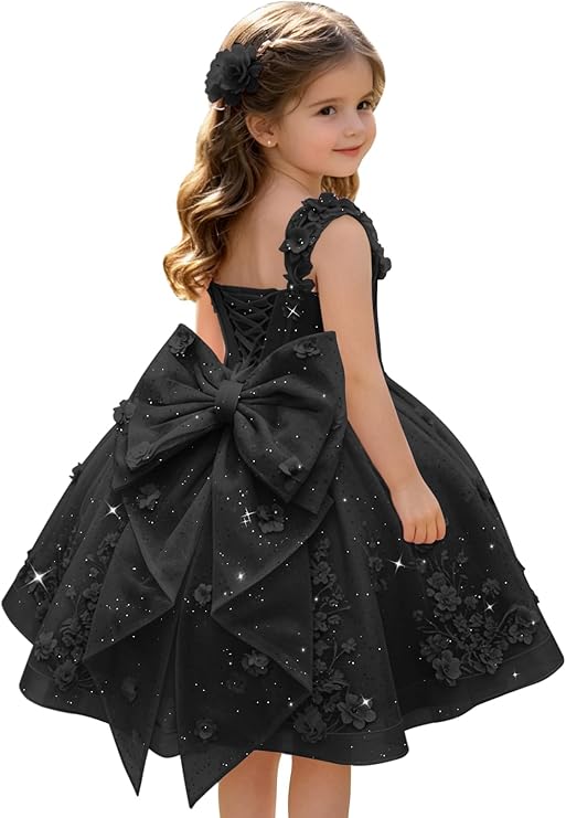 Black / 3m Sunnypetal Sweetheart 3D Floral Lace Appliqué Short Flower Girl Dress witn Bow