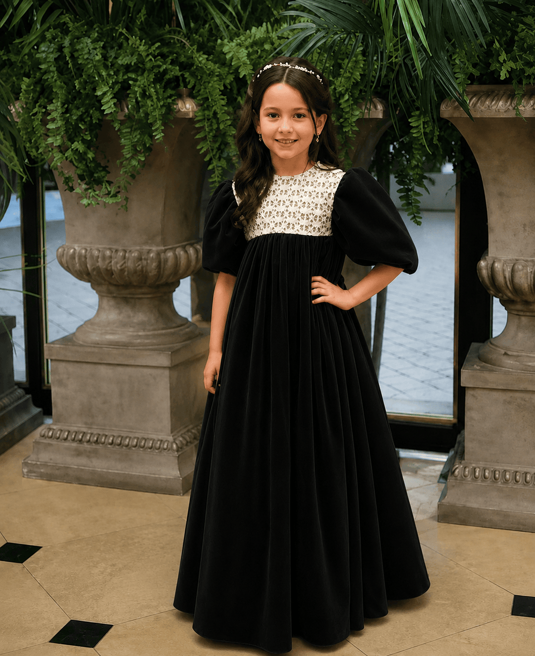 Black / 3m Sunnypetal Vintage Velvet Lace Puff Sleeve Flower Girl Dress Long Princess Gown