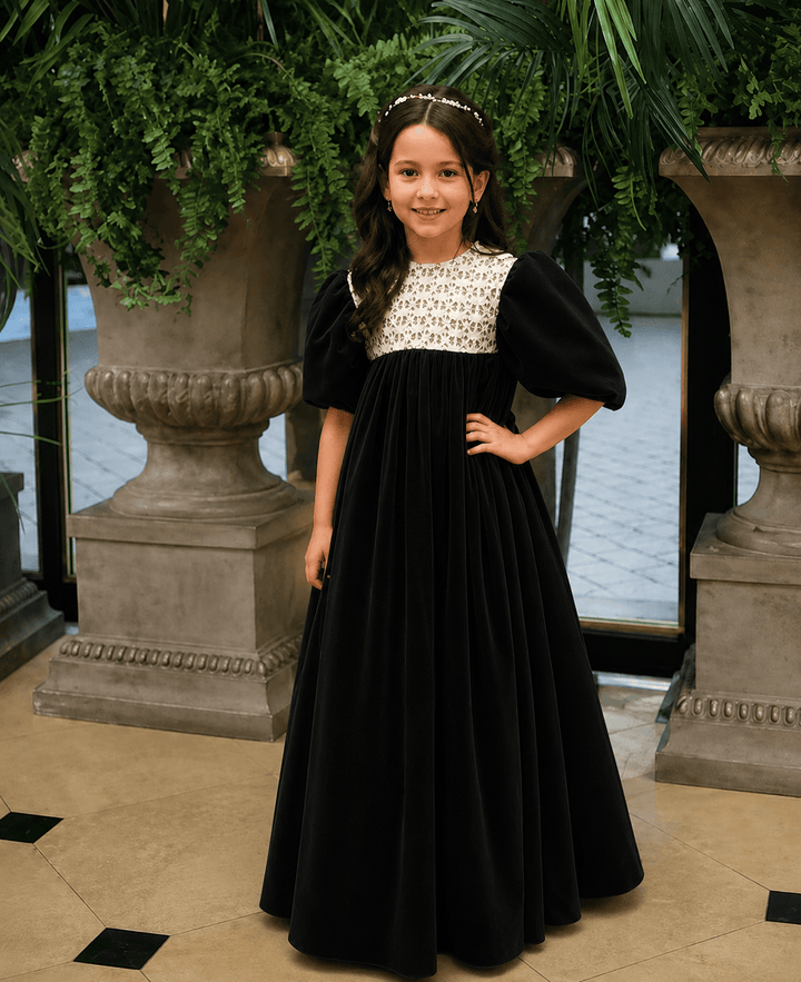 Black / 3m Sunnypetal Vintage Velvet Lace Puff Sleeve Flower Girl Dress Long Princess Gown