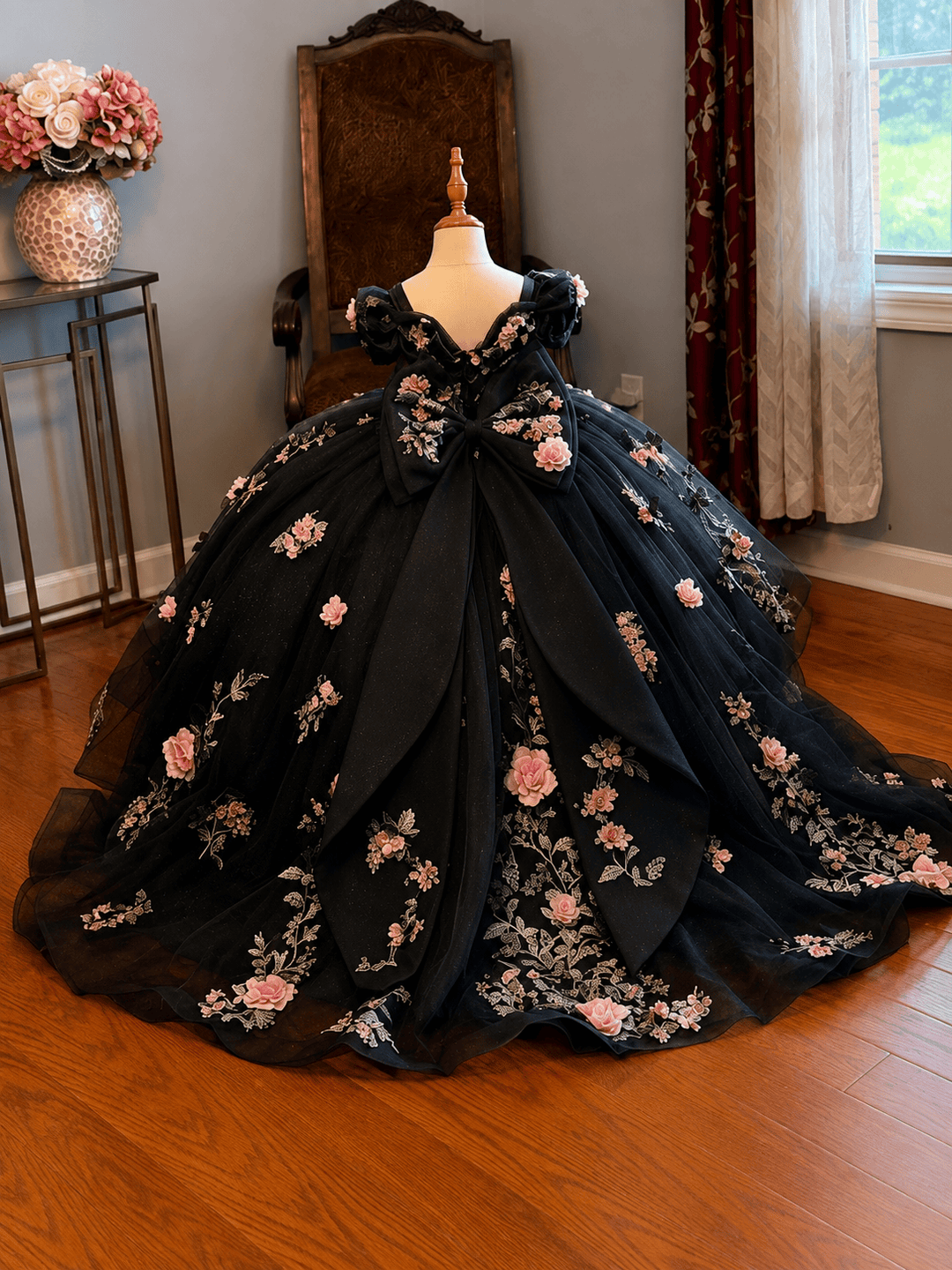 Black / 9m Sunnypetal Exquisite Floral Appliqué Tulle Ball Gown Flower Girl Dress with Oversized Bow
