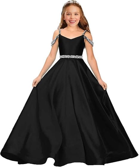 Black / 9m Sunnypetal Luxury Off-Shoulder Satin Rhinestone Flower Girl Princess Gown