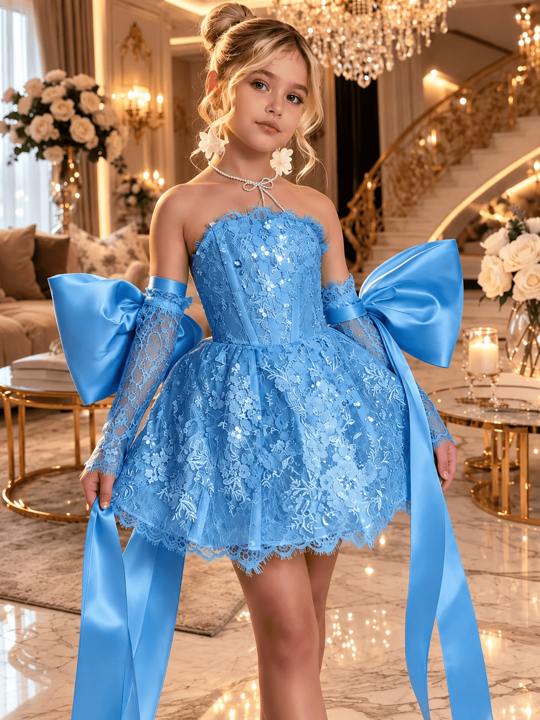 Blue / 12m Sunnypetal Dreamy Light Blue Lace Flower Girl Dress with Oversized Bows for Special Occasions