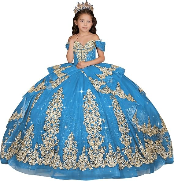 Blue / 18m Sunnypetal Elegant Gold Appliqué Off-Shoulder Flower Girl Dress with Tassel Details